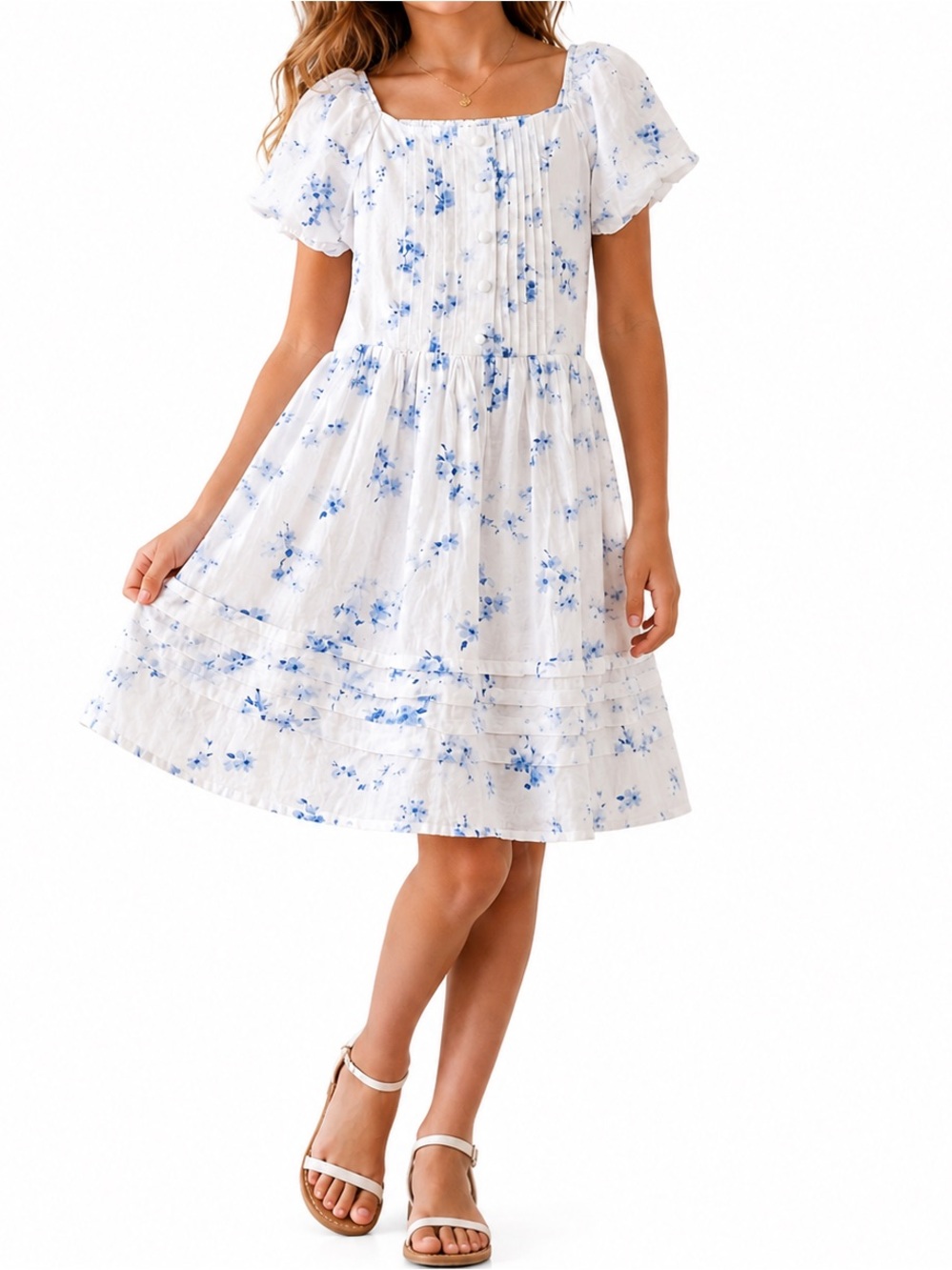 ABERCROMBIE KIDS Cottagecore Blue Floral Fit & Flare Dress White Size XL 15/16